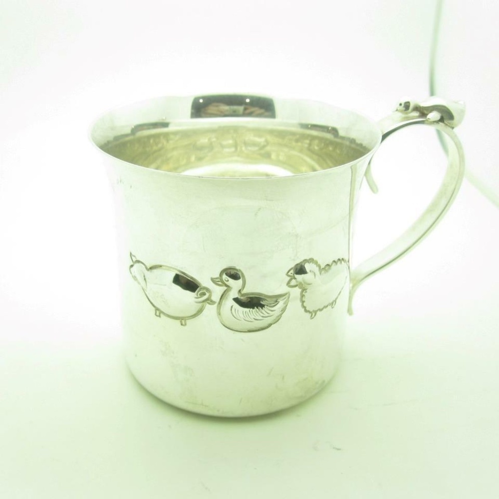 Tiffany & Co. Sterling Silver 162 Gram Hand Chased Duck Pig Lamb Baby Cup